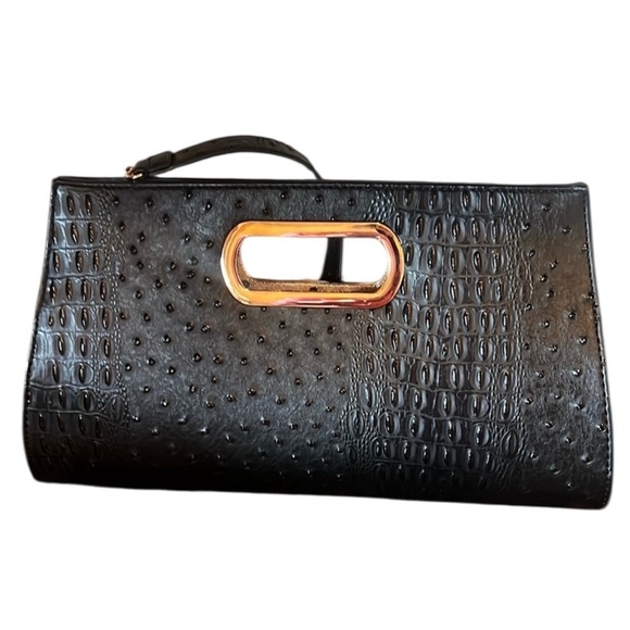 Handbags - Ladies black clutch purse no brand name NWOT gold  accessories ostrich embossed